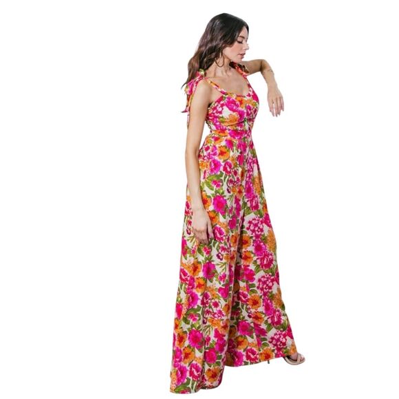 Flying Tomato Bonfire Weekends Linen Cotton Floral Wide Leg Jumpsuit Size Large - Picture 6 of 16